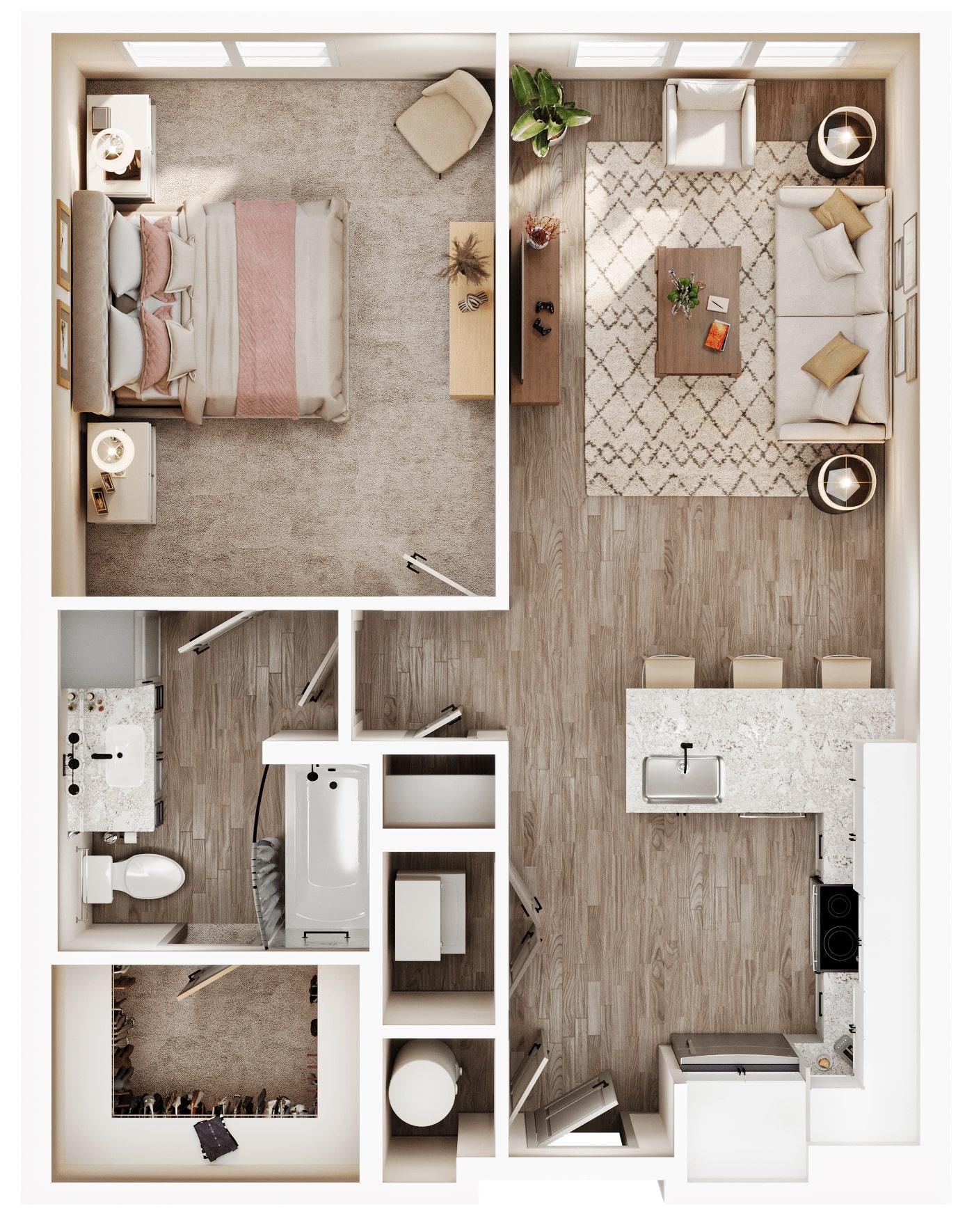 A 3D image of the A1B floorplan, a 756 squarefoot, 1 bed / 1 bath unit