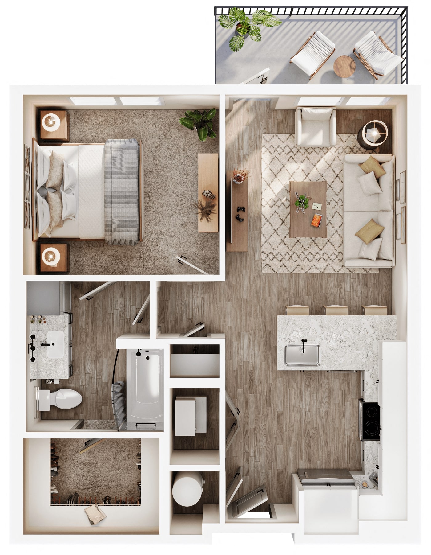 A 3D image of the A1 floorplan, a 657 squarefoot, 1 bed / 1 bath unit