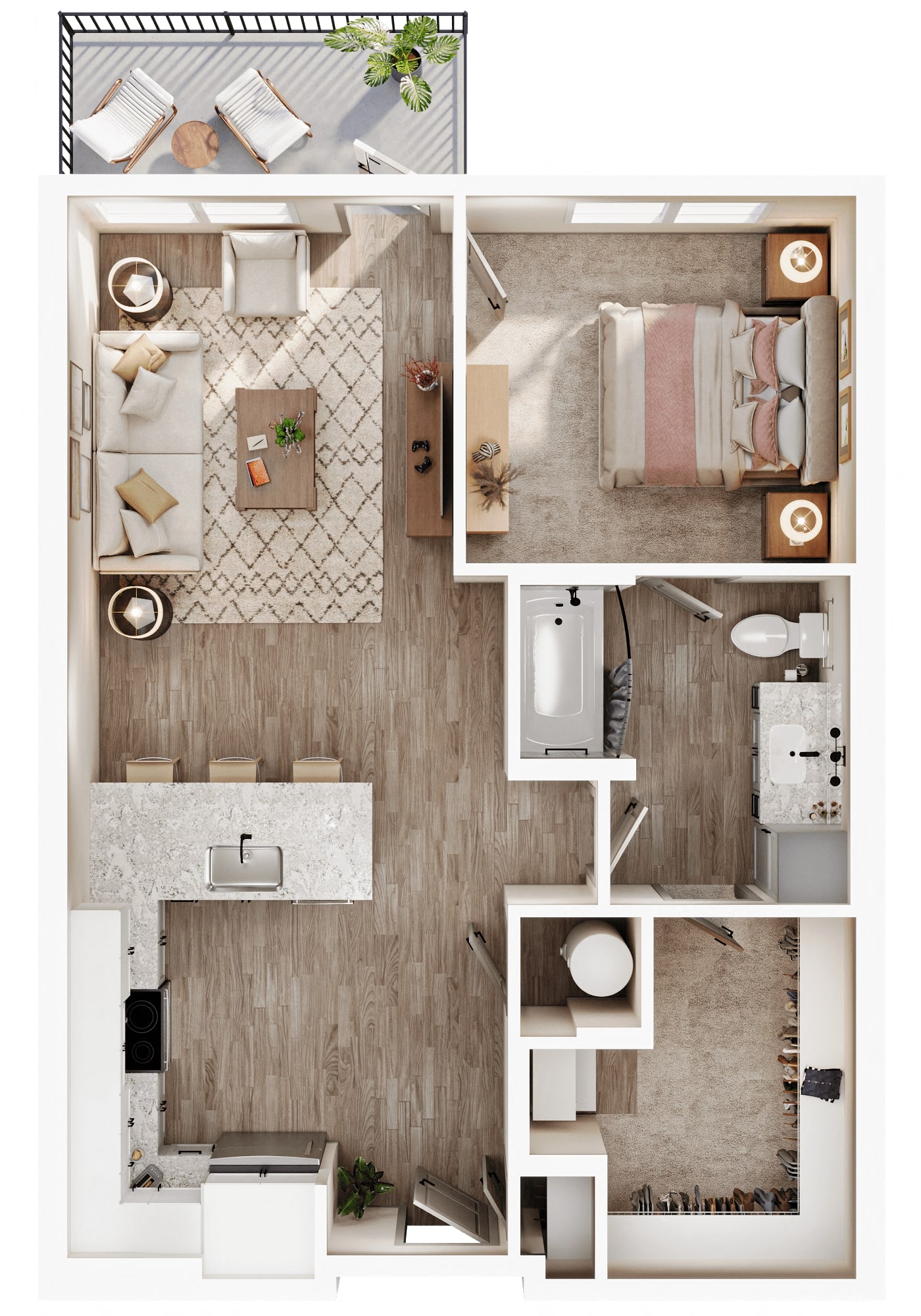 A 3D image of the A2A floorplan, a 726 squarefoot, 1 bed / 1 bath unit