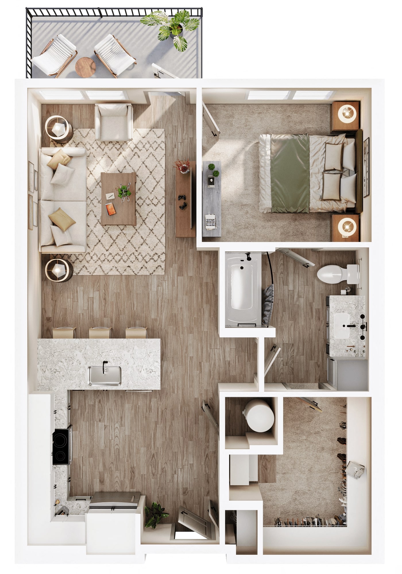 A 3D image of the A2 floorplan, a 718 squarefoot, 1 bed / 1 bath unit