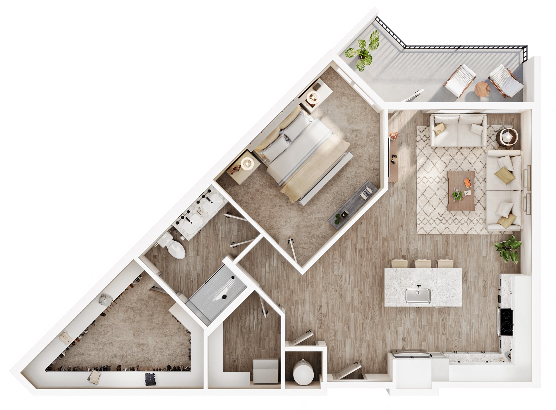 A 3D image of the A3A floorplan, a 915 squarefoot, 1 bed / 1 bath unit