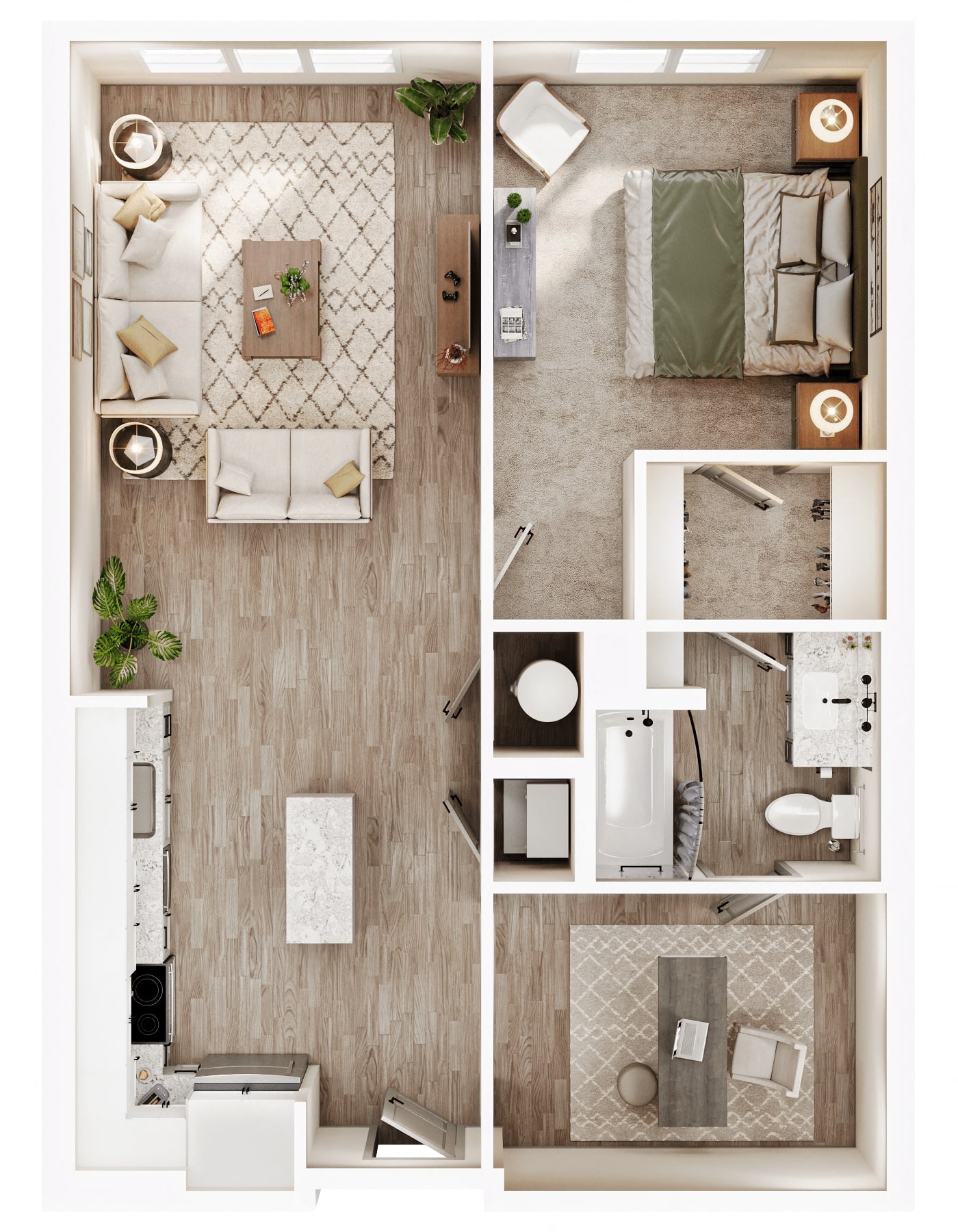 A 3D image of the A4 floorplan, a 854 squarefoot, 1 bed / 1 bath unit