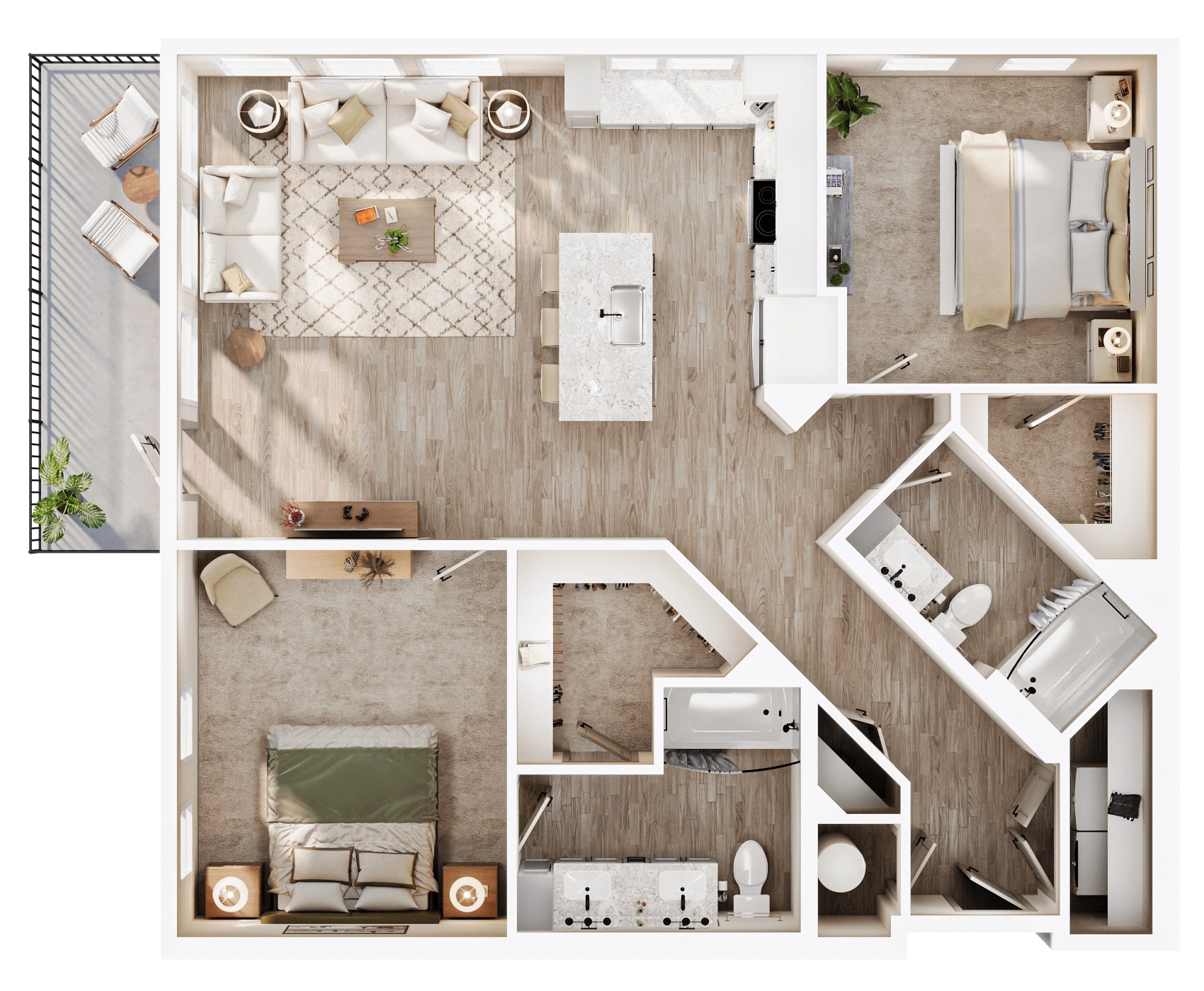 A 3D image of the B3 floorplan, a 1221 squarefoot, 2 bed / 2 bath unit