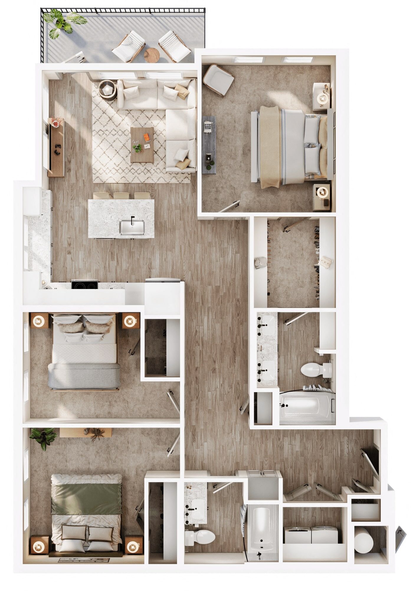 A 3D image of the C1 floorplan, a 1351 squarefoot, 3 bed / 2 bath unit