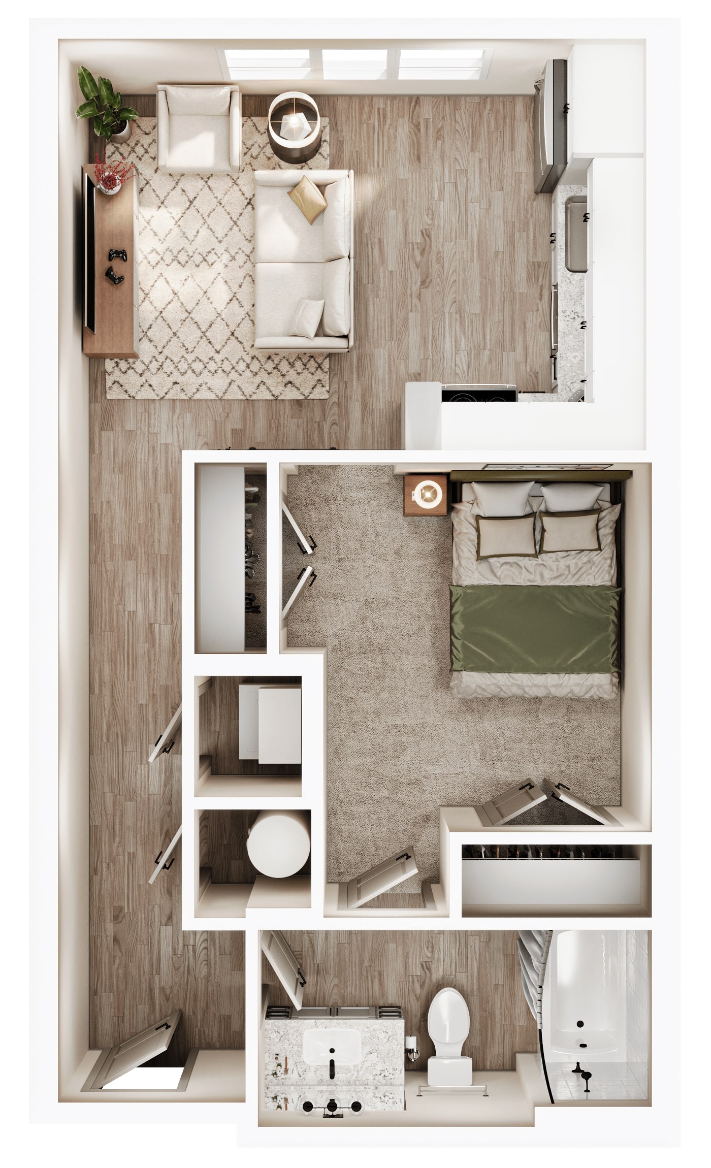 A 3D image of the S1 floorplan, a 556 squarefoot, 0 bed / 1 bath unit